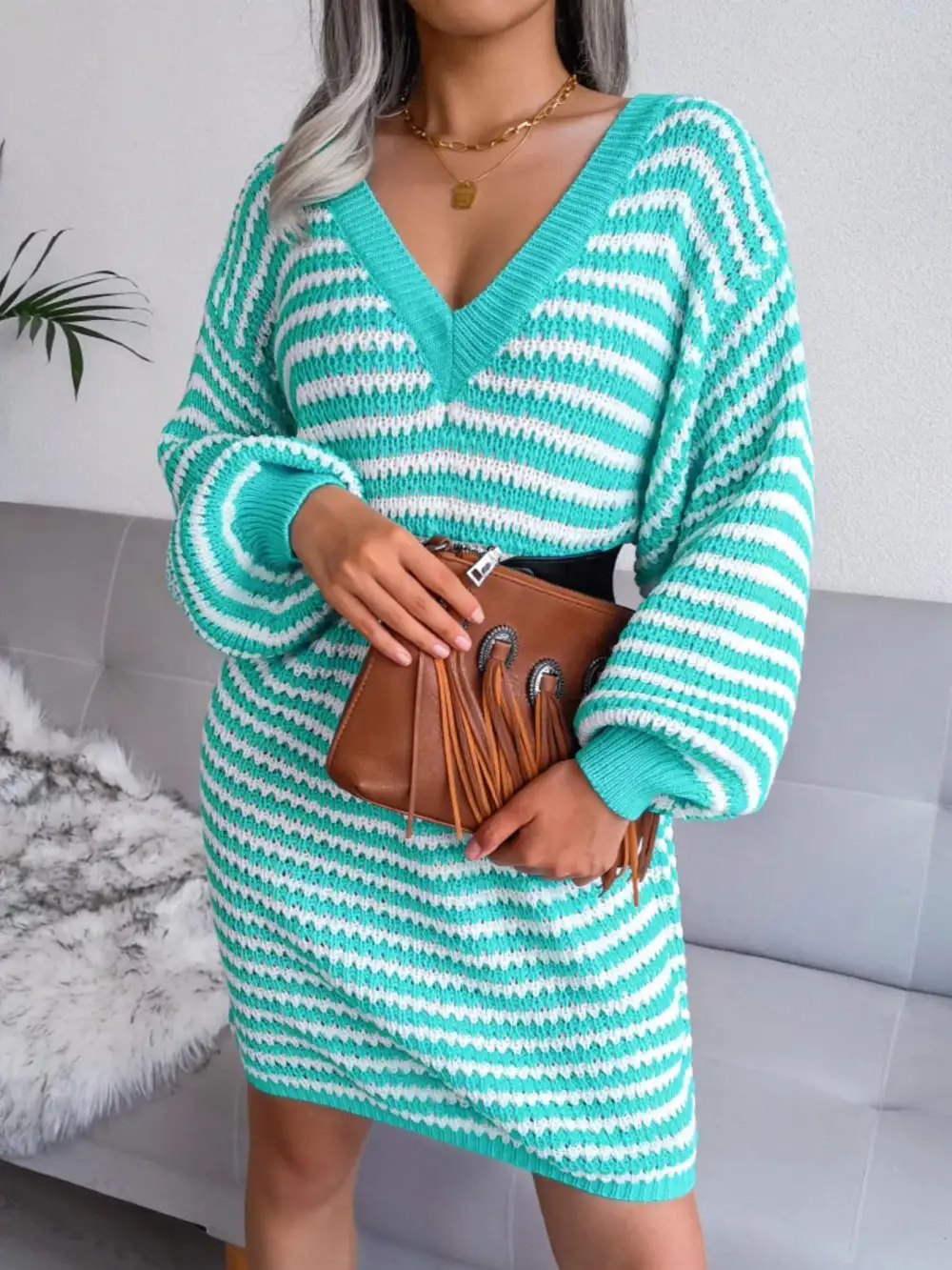 Striped V Neck Long Sleeve Sweater Dress