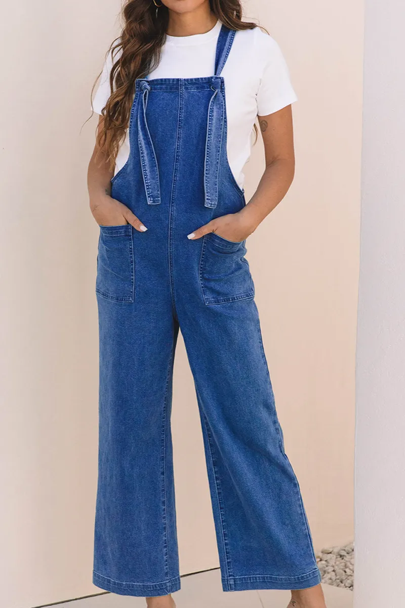 Mineral Wash Knotted Strap Patched Pocket Wide Leg Denim Overall