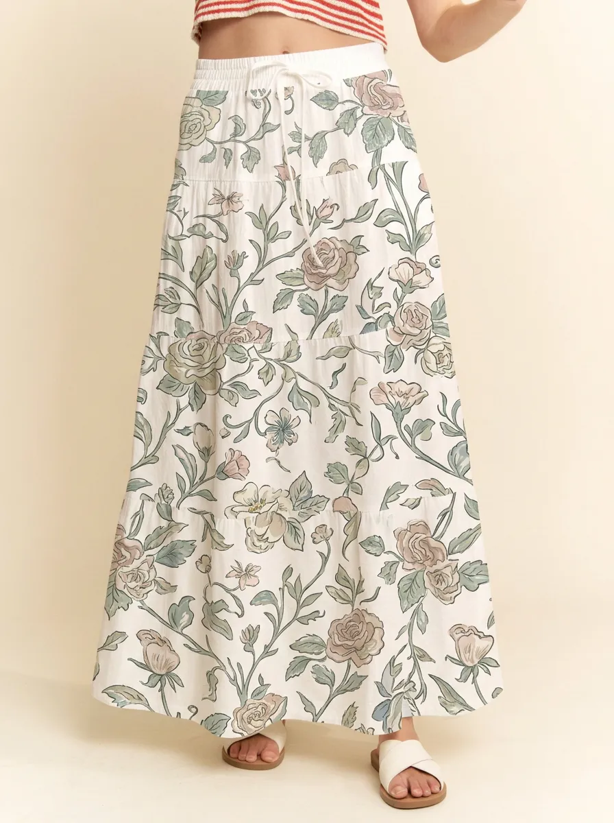 Women's Vintage Floral Botanical Printed Tiered Maxi Skirt