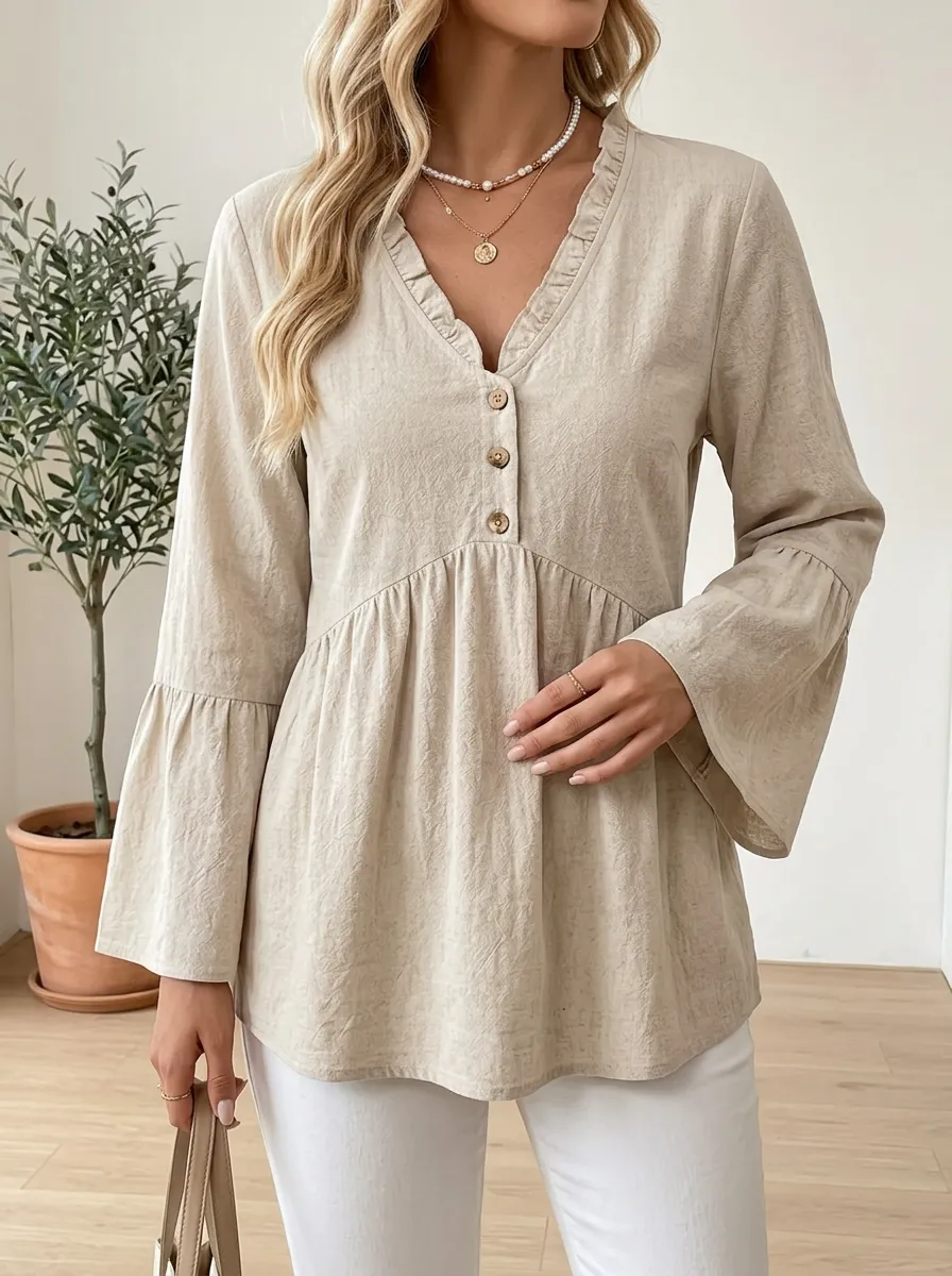 V-Neck Button Down Ruffle Bell Sleeve Blouse