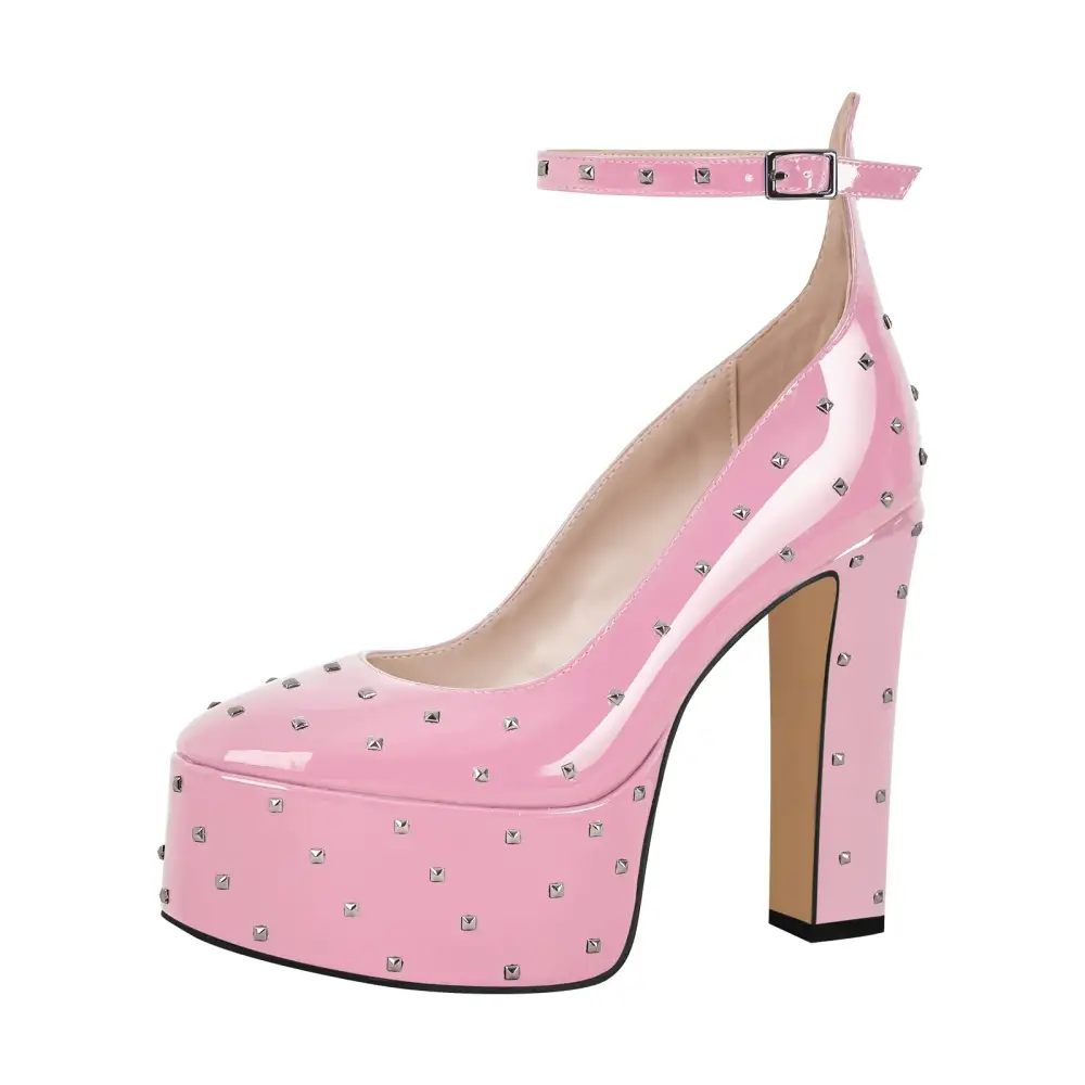Rivet Round Toe Platform Chunky Heel Ankle Strap Pumps