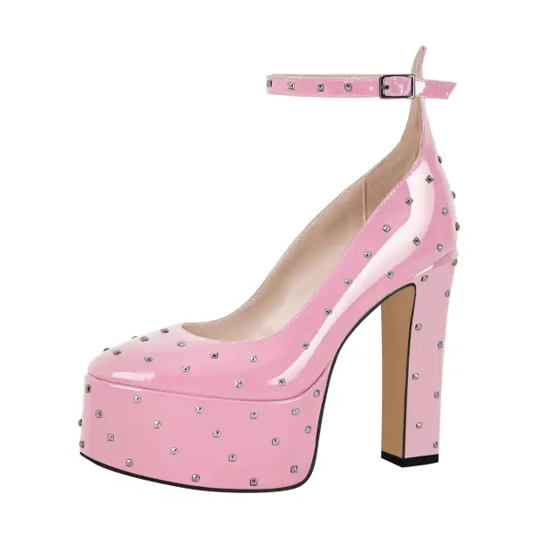 Rivet Round Toe Platform Chunky Heel Ankle Strap Pumps