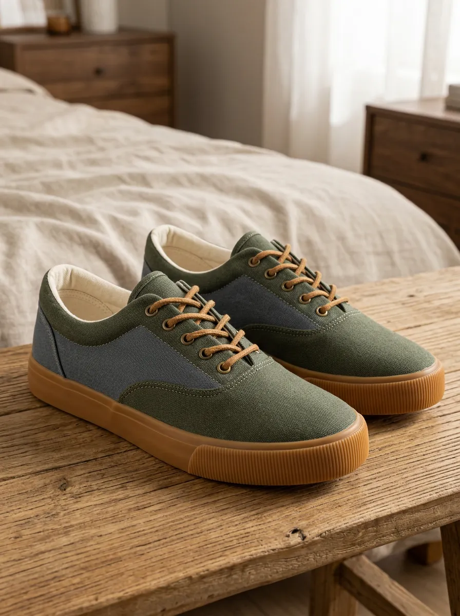 Men's Casual Olive Green Grey Colorblock Canvas Shoes