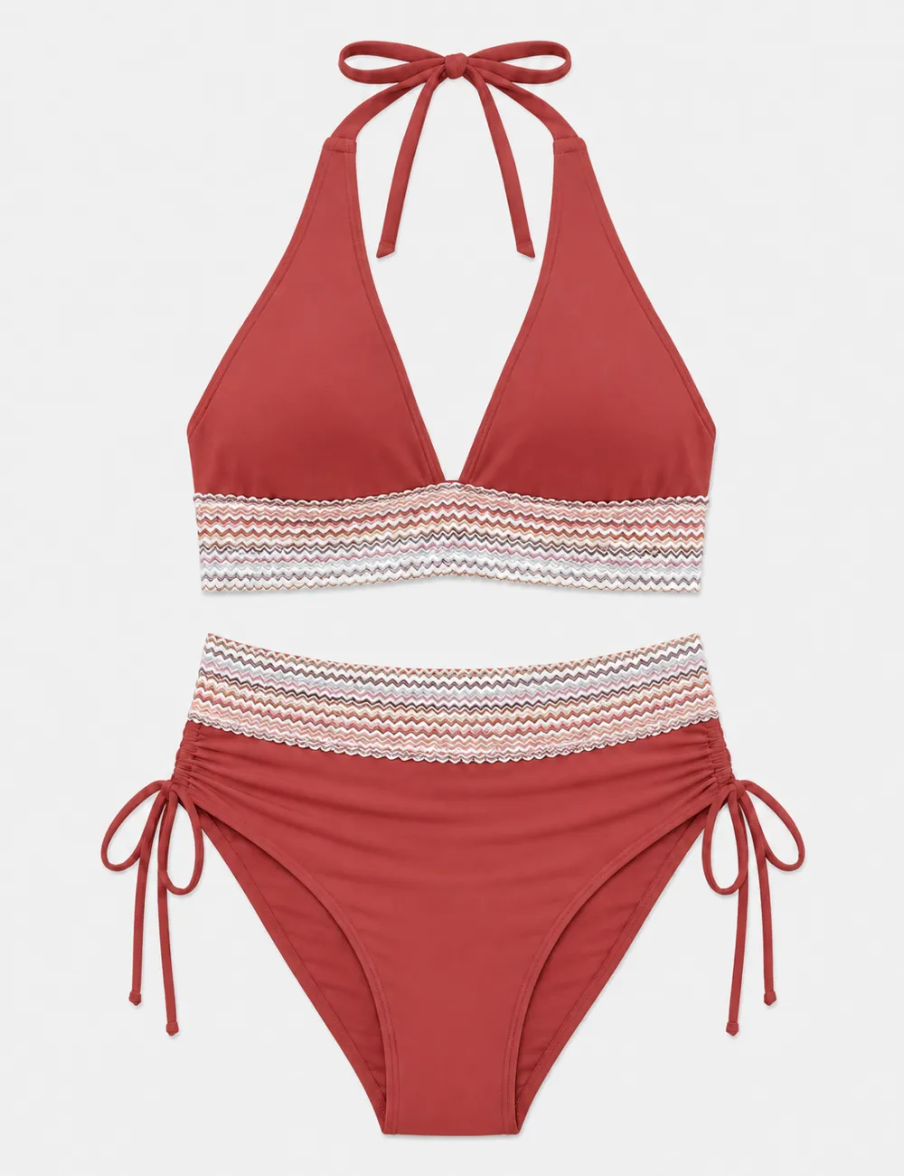 Deep V Neck Colorful Zigzag Smocked Trim Bikini Set