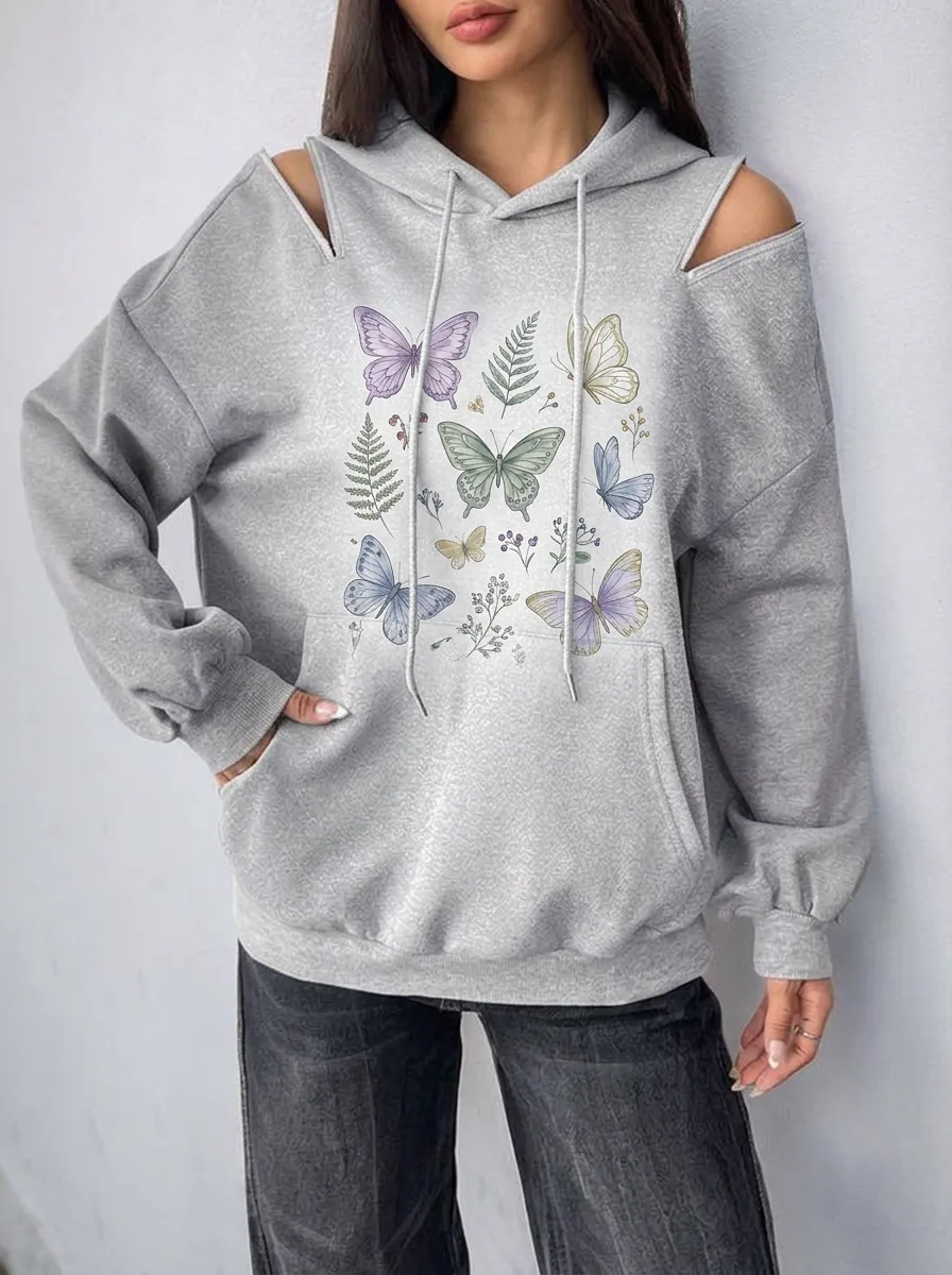 Women's Butterfly Botanical Nature Printed Cold Shoulder Hoodie