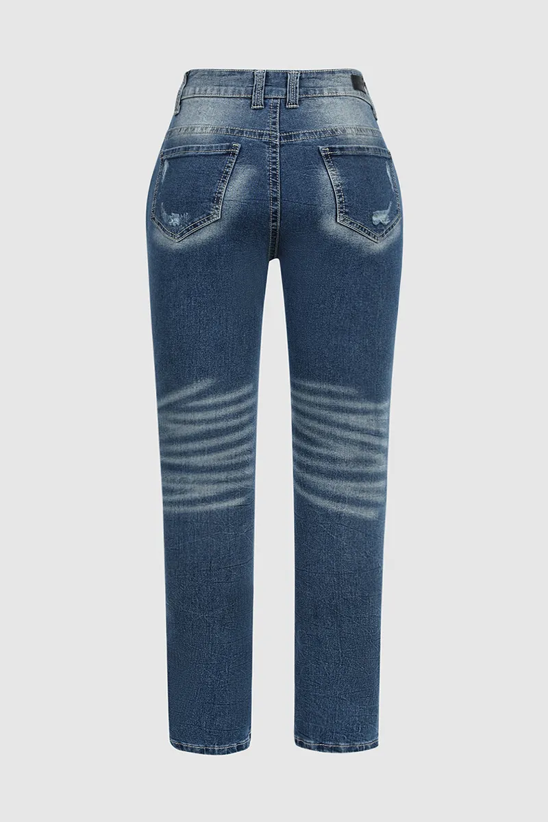 Mid Waist Wash Straight Leg Jeans