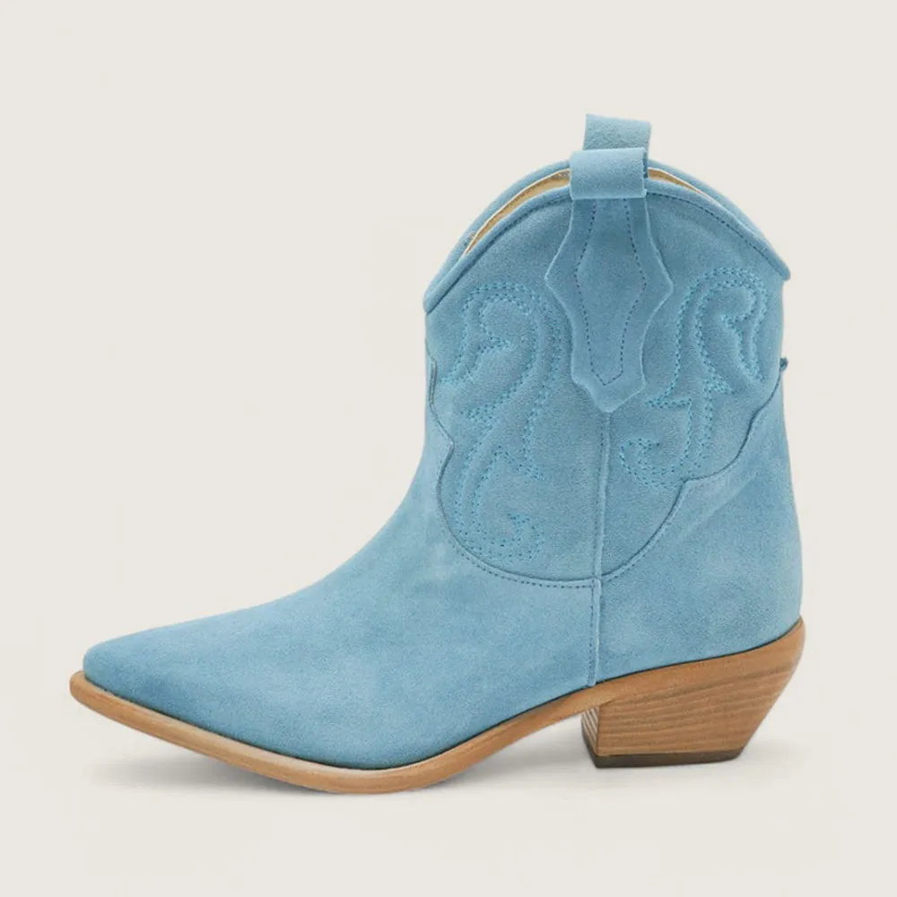 Faux-Suede Embroidered Pointed-Toe Chunky-Heel Western Boots