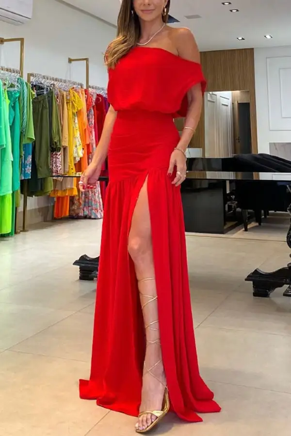 Elegant Ruched One Shoulder Top And Slit Maxi Skirt Set