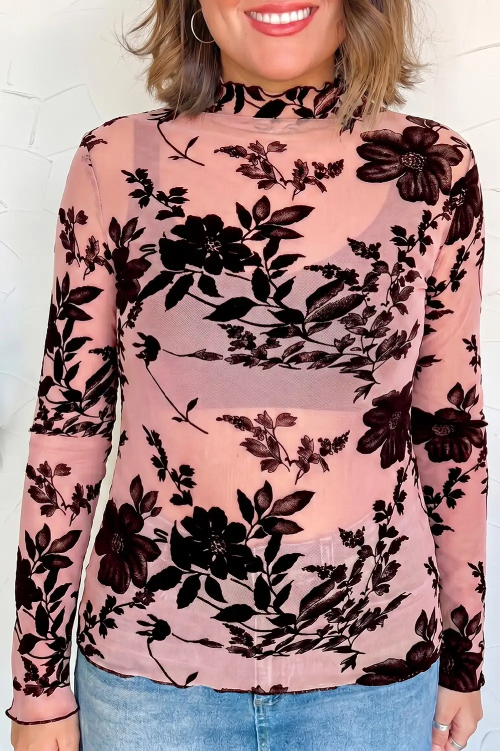 Floral Print Mesh Fitted Stretch Fabric Long Sleeve Blouse