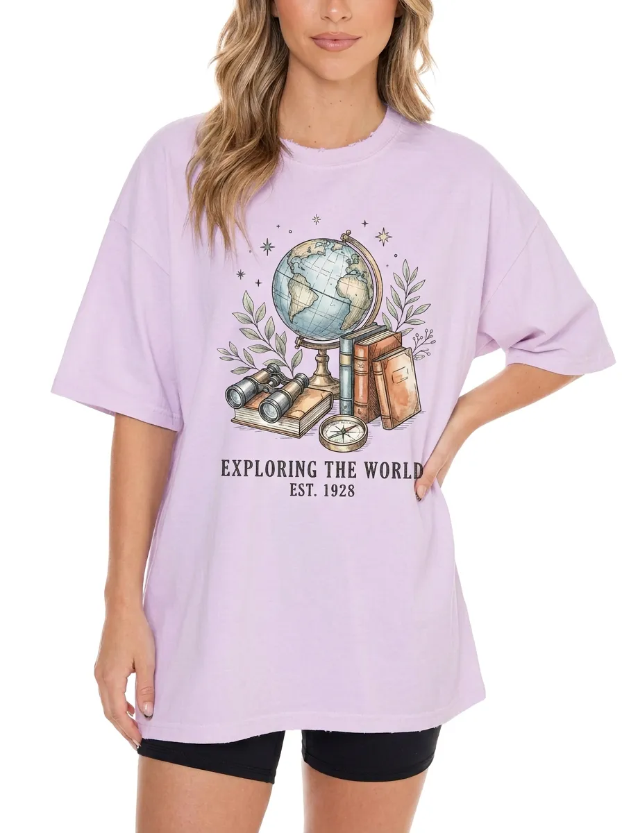 Women's Travel Globe Books Compass Graphic T-Shirt