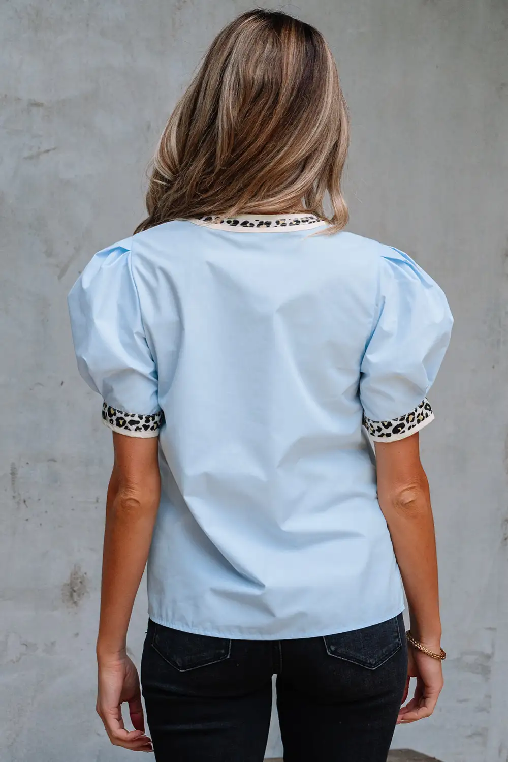 Leopard Print Puff Sleeve Split Neck Blouse