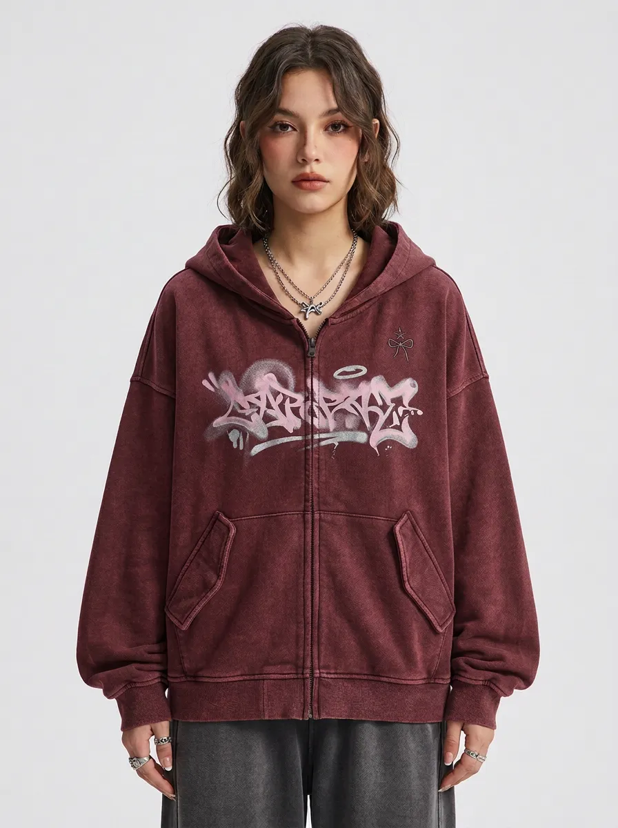 Unisex Streetwear Graffiti Pink Halo Printed Zip Up Hoodie