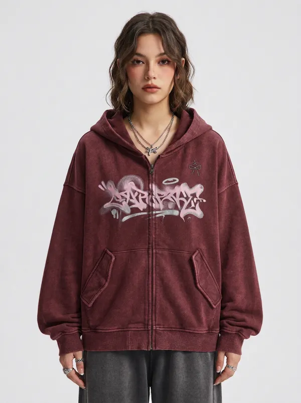 Unisex Streetwear Graffiti Pink Halo Printed Zip Up Hoodie