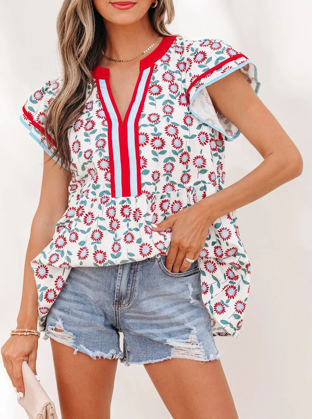 Women's Printed V Neck Flutter Sleeve Top