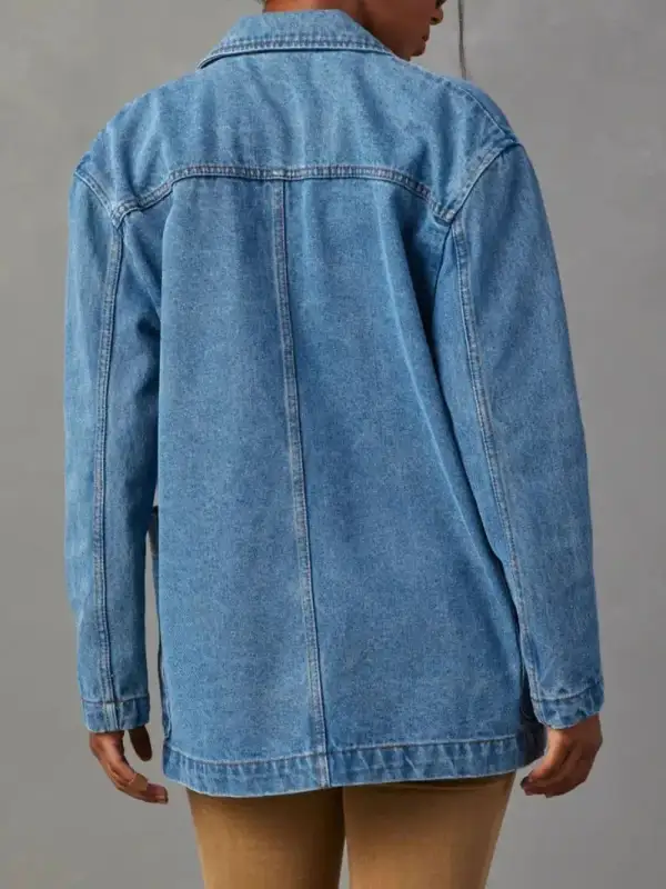 Denim Button Front Lapel Collar Pocketed Casual Jacket