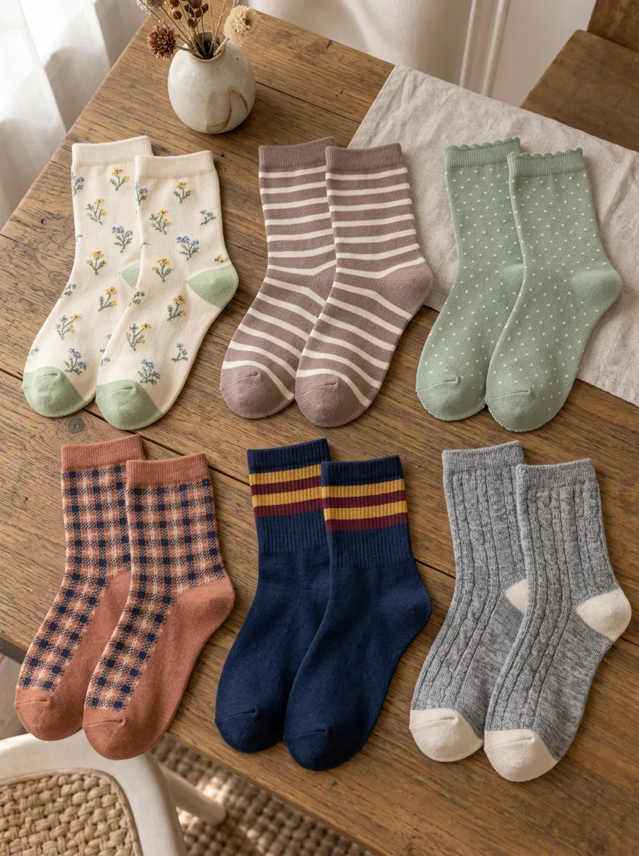 Women's Vintage Floral Striped Polka Dot Plaid Printed Socks Set