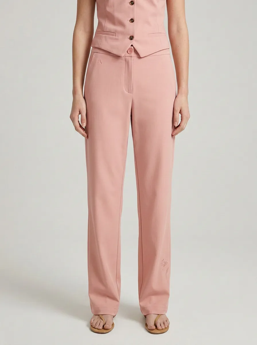 Women's Minimalist Floral Embroidered Mid-Rise Straight Leg Trousers