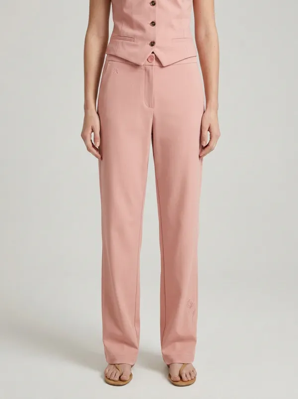 Women's Minimalist Floral Embroidered Mid-Rise Straight Leg Trousers
