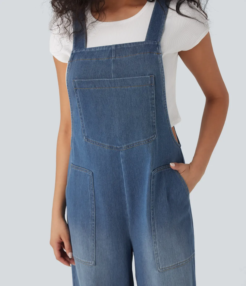  Square Neck Washed Denim Casual Overalls with Pockets
