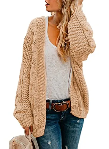 Womens Open Front Long Sleeve Chunky Knit Cardigan Sweaters Loose Outwear Coat