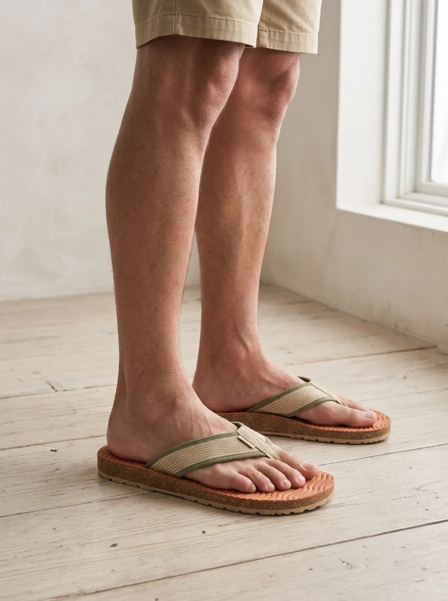 Men's Casual Beach Summer Olive Canvas Cork Printed Flip Flops
