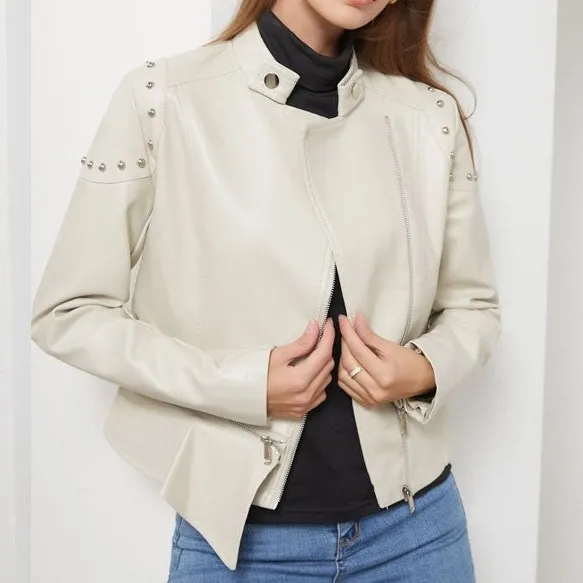 Stand-Collar Rivet-Detail Zip-Front Faux-Leather Leather Casual Outerwear Jacket