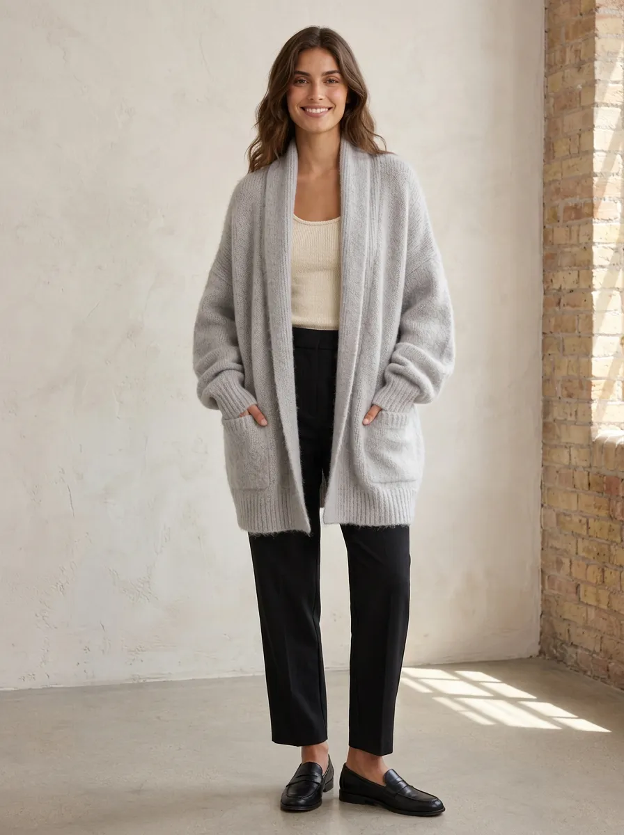 Women's Casual Grey Solid Color Open Front Knit Cardigan