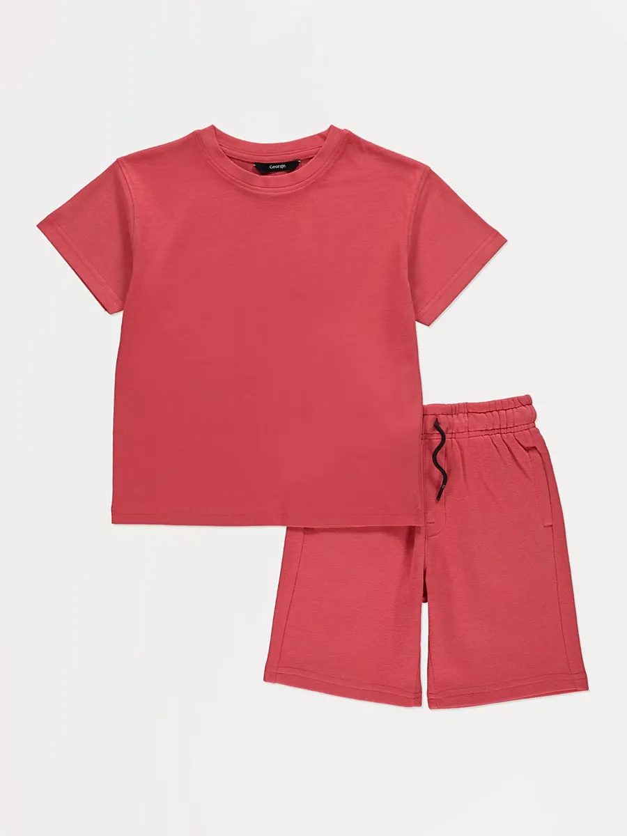 Red Jersey Crew Neck T-shirt and Shorts Set