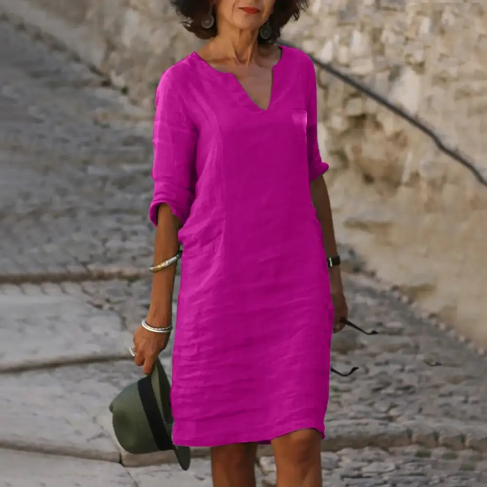 Women's V-Neck Three-Quarter-Sleeve Pocketed Dress