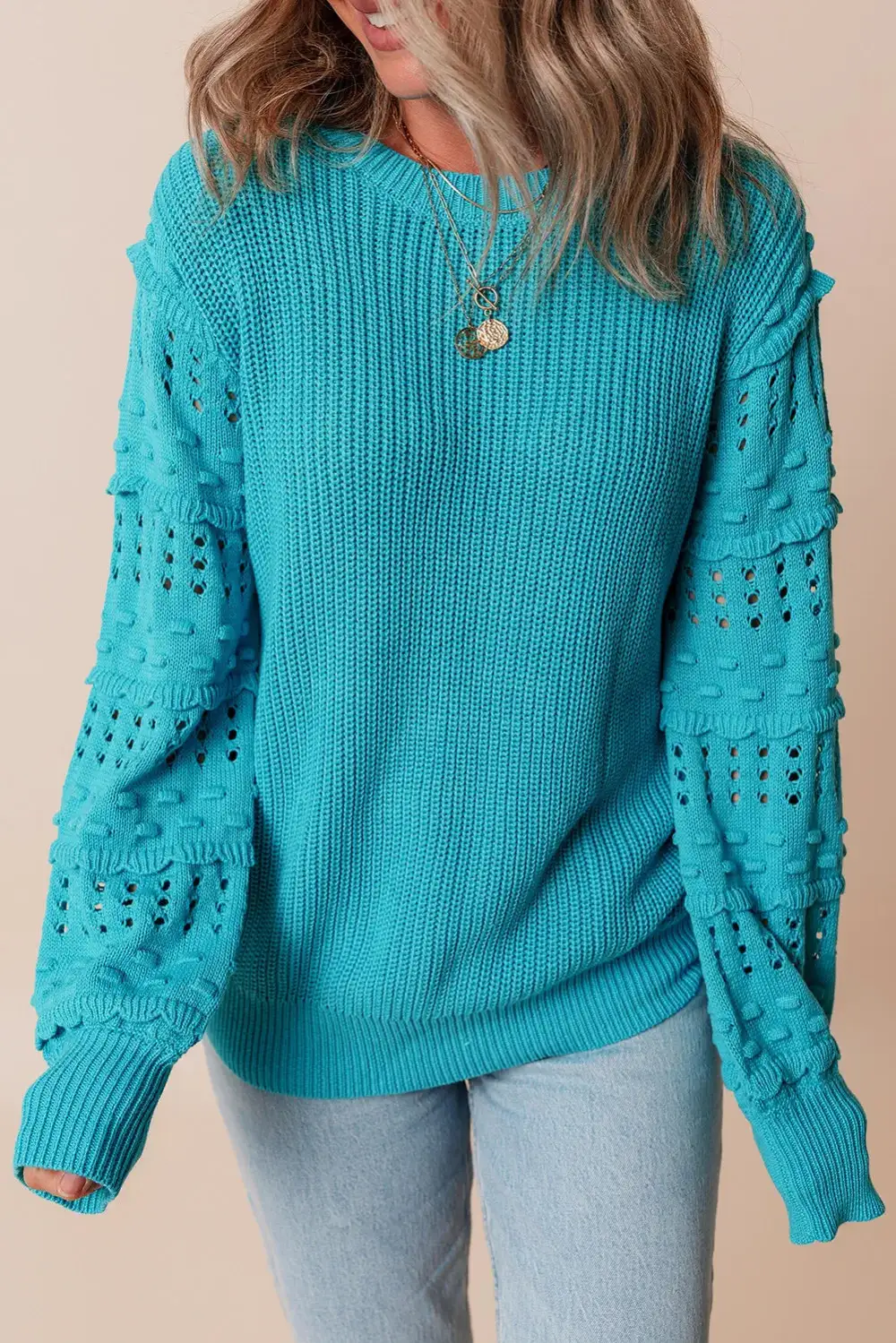 Modern Long Sleeve Round Neck Openwork Sweater