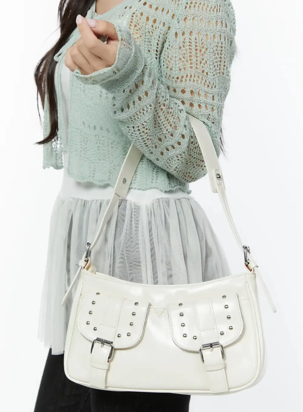 Studded Buckle Double-Pocket Shoulder Purse