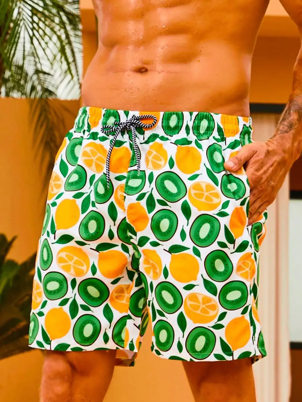 Men's Drawstring Lemon Print Swim Trunks
