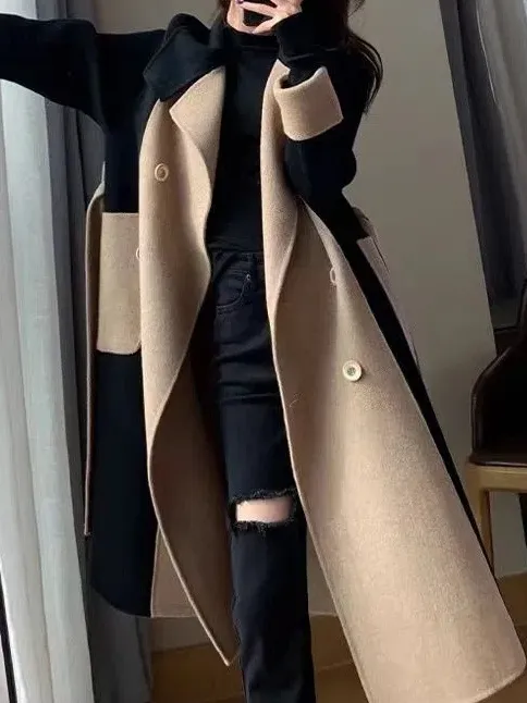 Shawl Collar Long Sleeve Contrast Stitching Buckle Regular Loose Coat For Women
