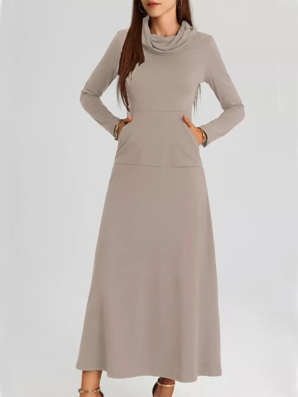 Cowl Neck Long Sleeve Midi Dress