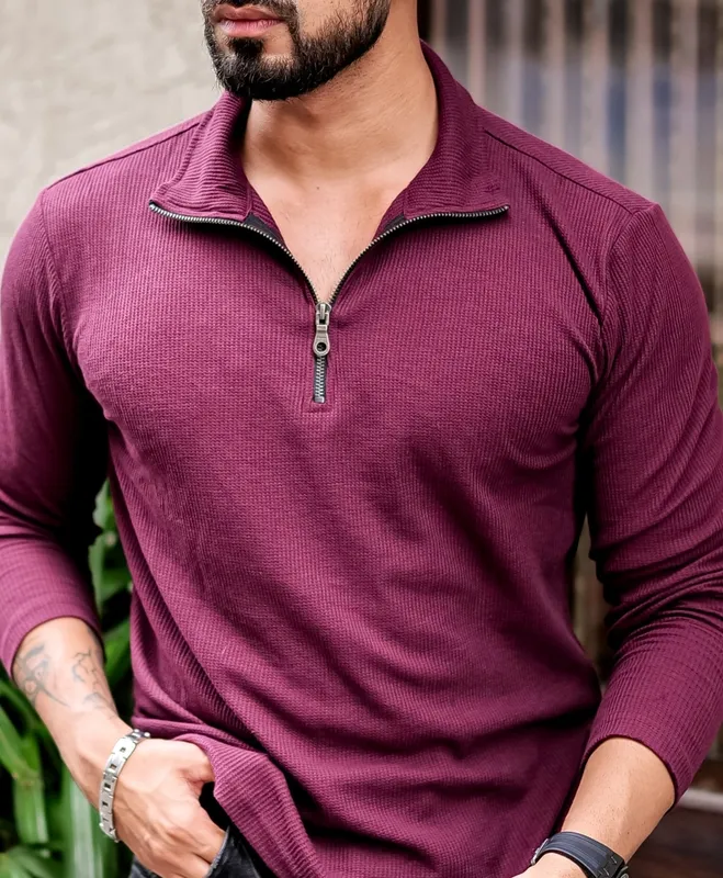 Maroon V-Neck Henley Style Casual Shirt