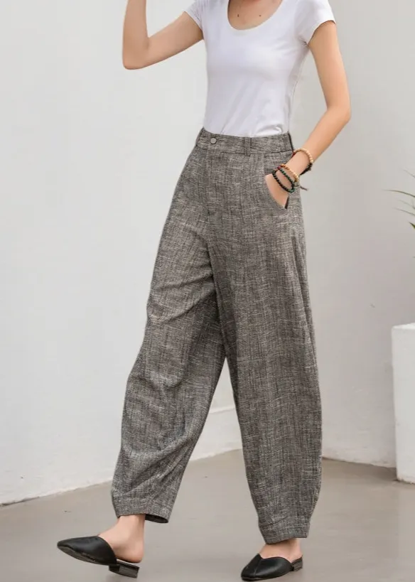 Linen Cotton Wide Leg Pocketed Trousers