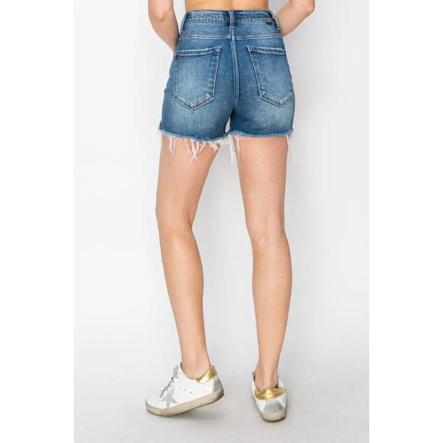 High Rise Raw Hem Distressed Denim Shorts