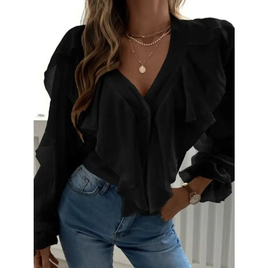 Full Size Ruffled V Neck Button Down Flounce Sleeve Blouse