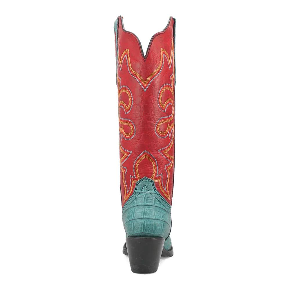Faux-Leather Crocodile-Embossed Embroidered Snip-Toe Mid-Calf Boots