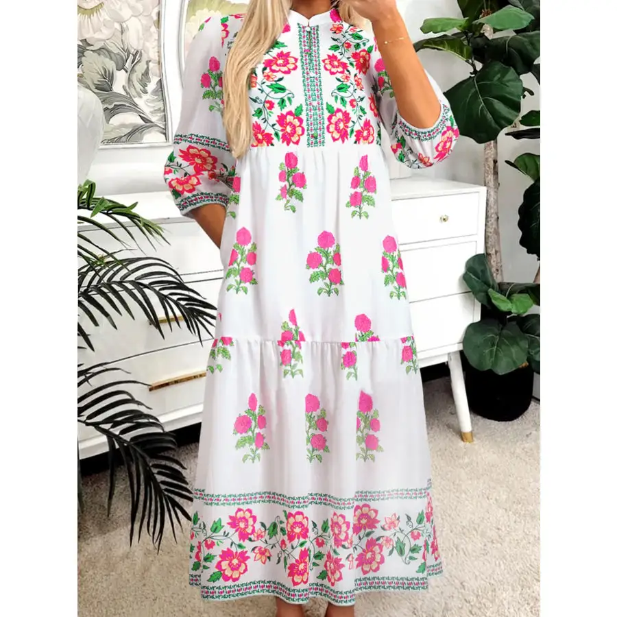 Relaxed Floral Print Half Button Mandarin Neck Sleeve Maxi Dress