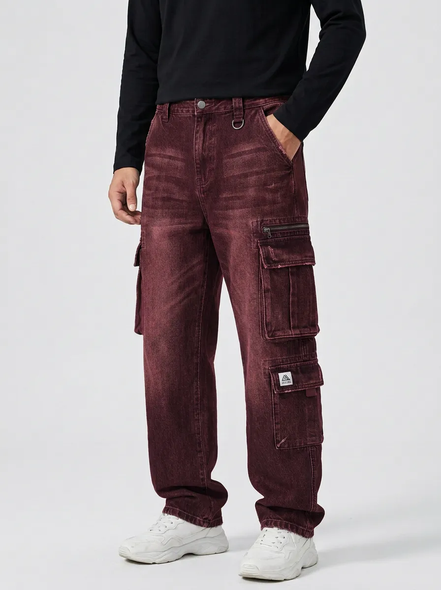 Men's Distressed Denim Multi-Pocket Cargo Jeans