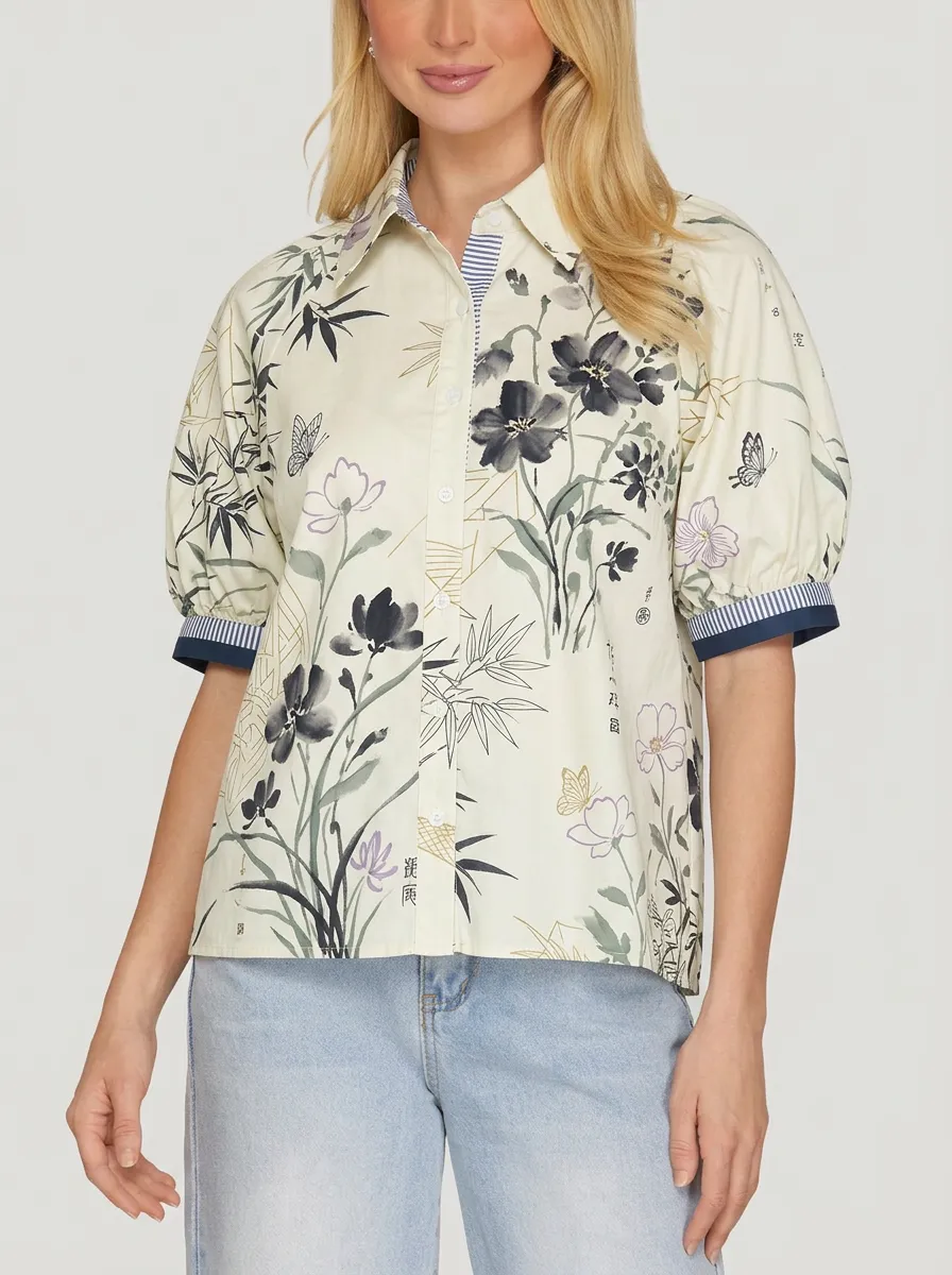 Women's Floral Bamboo Butterfly Ink Wash Printed Blouse
