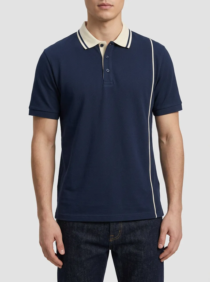 Men's Navy Blue Contrast Collar Striped Polo Shirt