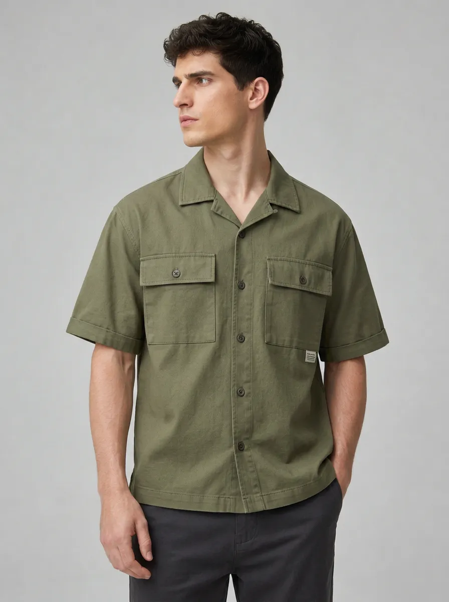 Men's Olive Green Utility Pocket Short Sleeve Shirt