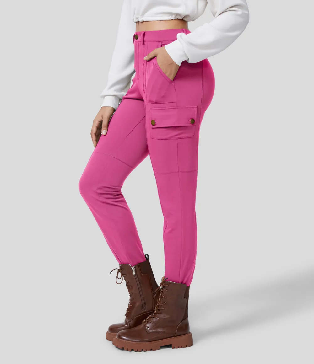 High Waisted Button Zipper Multiple Pockets Solid Skinny Cargo Pants