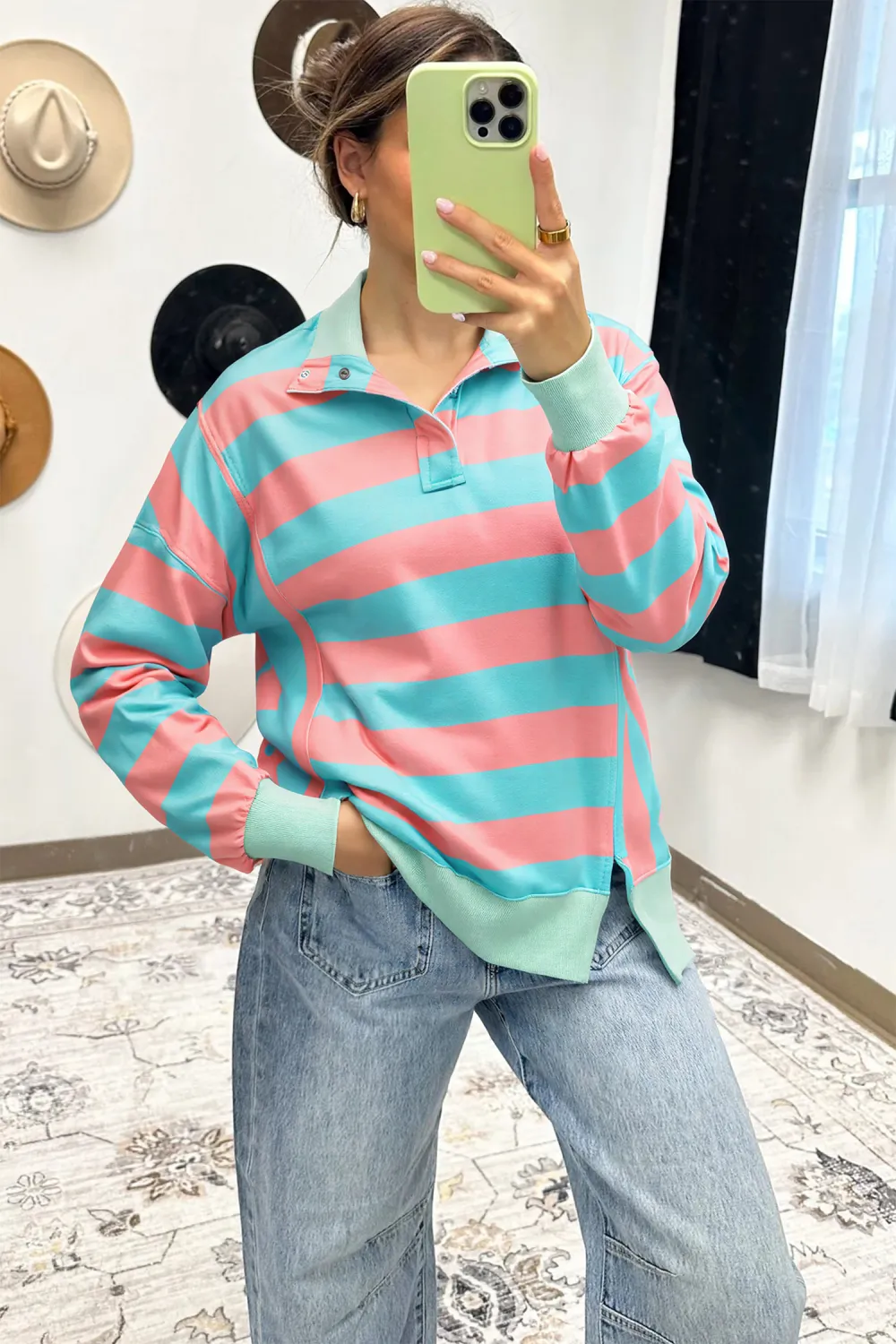 Pink Stripe Colorblock Drop Shoulder Pullover