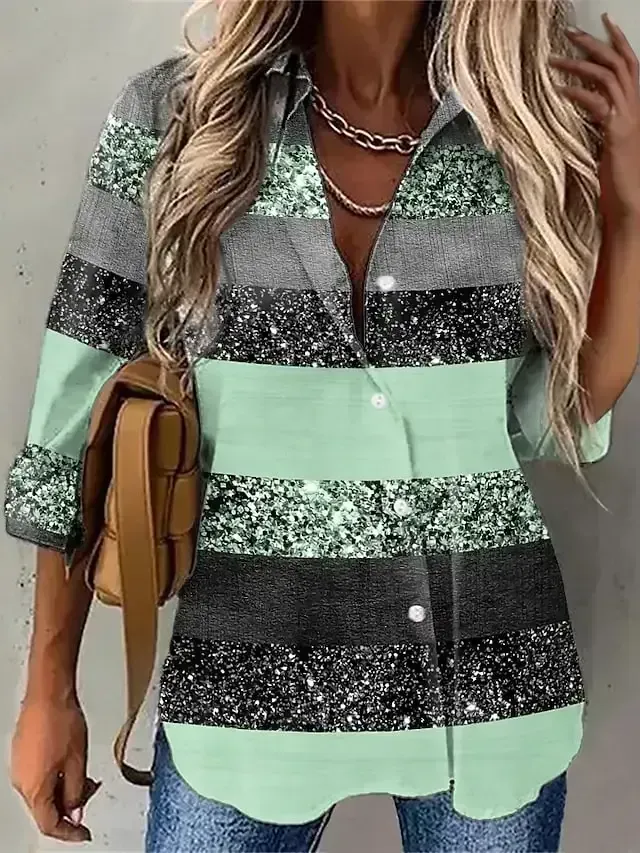 Women's Blouse Shirt Green Blue Purple Graphic Striped Button Print Long Sleeve Daily Weekend Streetwear Casual Shirt Collar Regular S