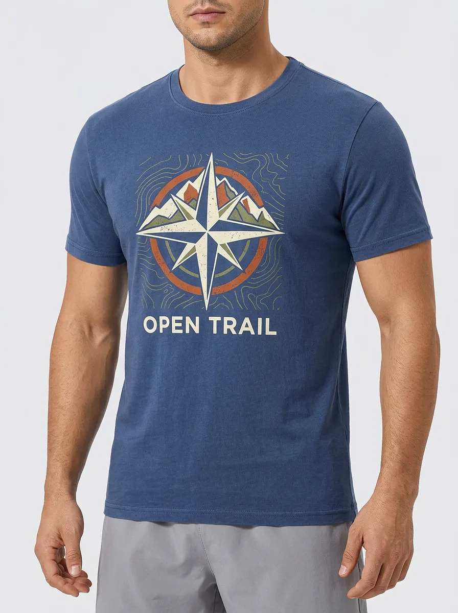 Men's Hiking Adventure Compass Mountain Open Trail Printed T-shirt