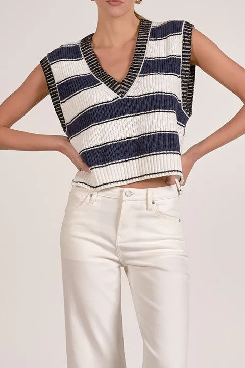 Navy White Striped V-Neck Knit Vest
