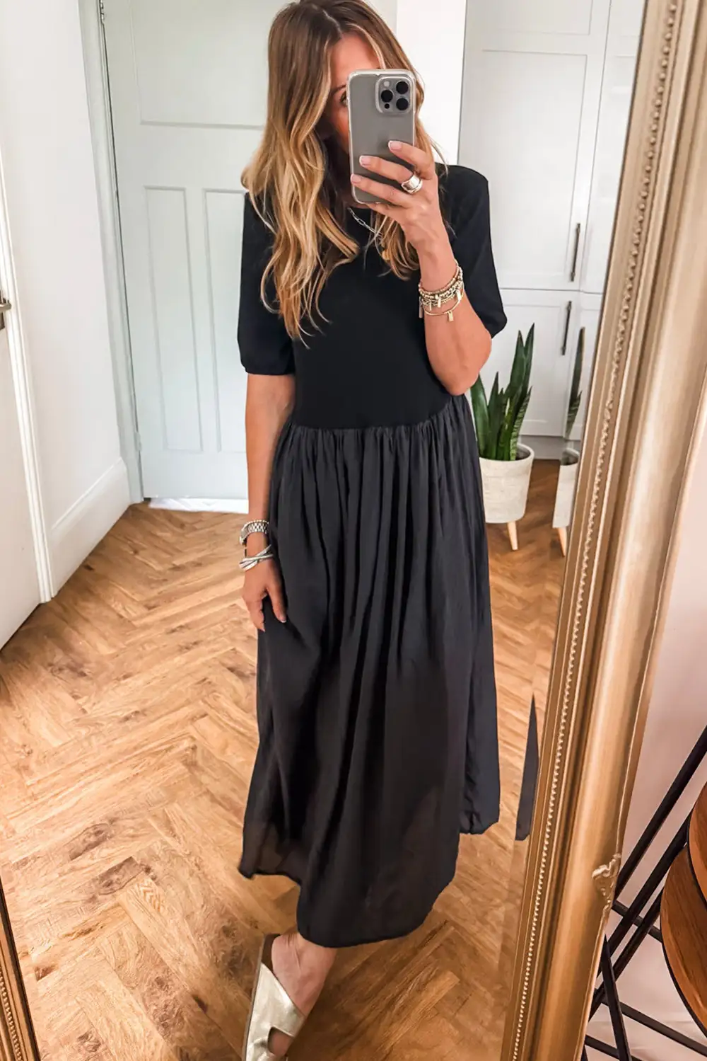 Maxi Short Sleeve Knit Top Patchwork Pleated Long Dress